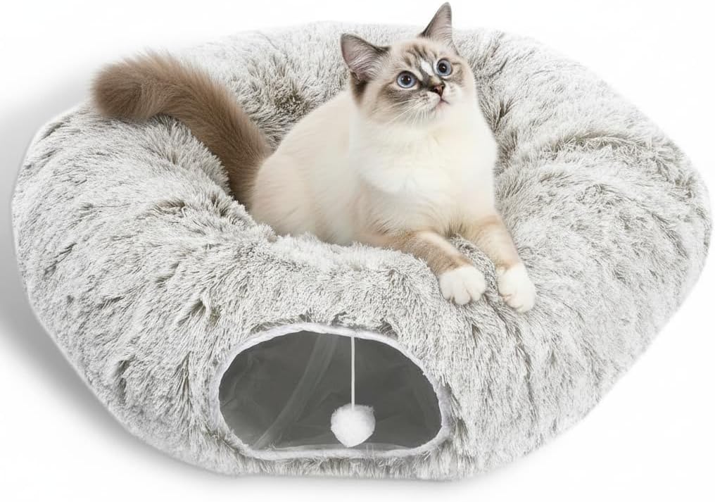 AUOON Cat Tunnel Bed for Indoor Cats - Large Cat Donut Tunnel with Hanging Ball Toy, Collapsible 2-in-1 Multifunctional Interactive Cat Toy for Kitten, Puppy, Rabbit, Ferret (Light Grey) - Image 12