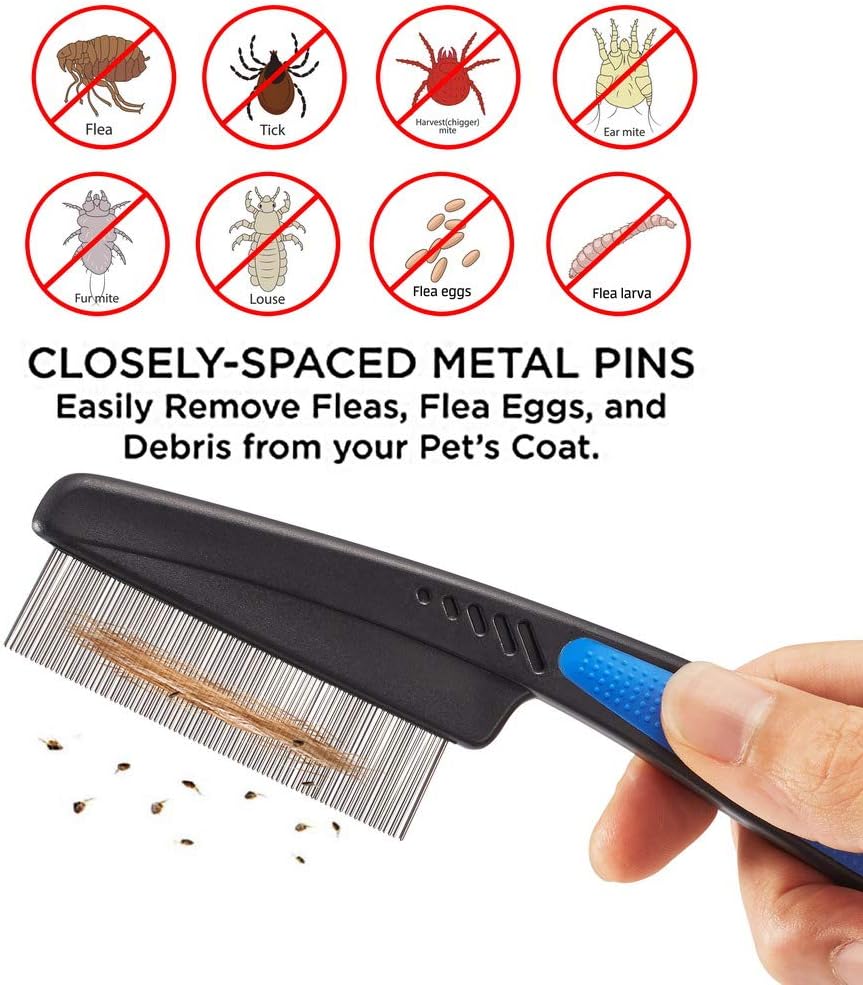 Ergonomic anti slip rubber handle on the pink and blue pet flea combs.