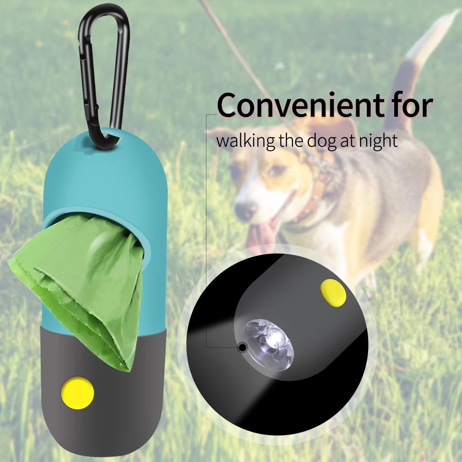 Two rolls of Eliamo leak proof doggy waste bags alongside the dispensers