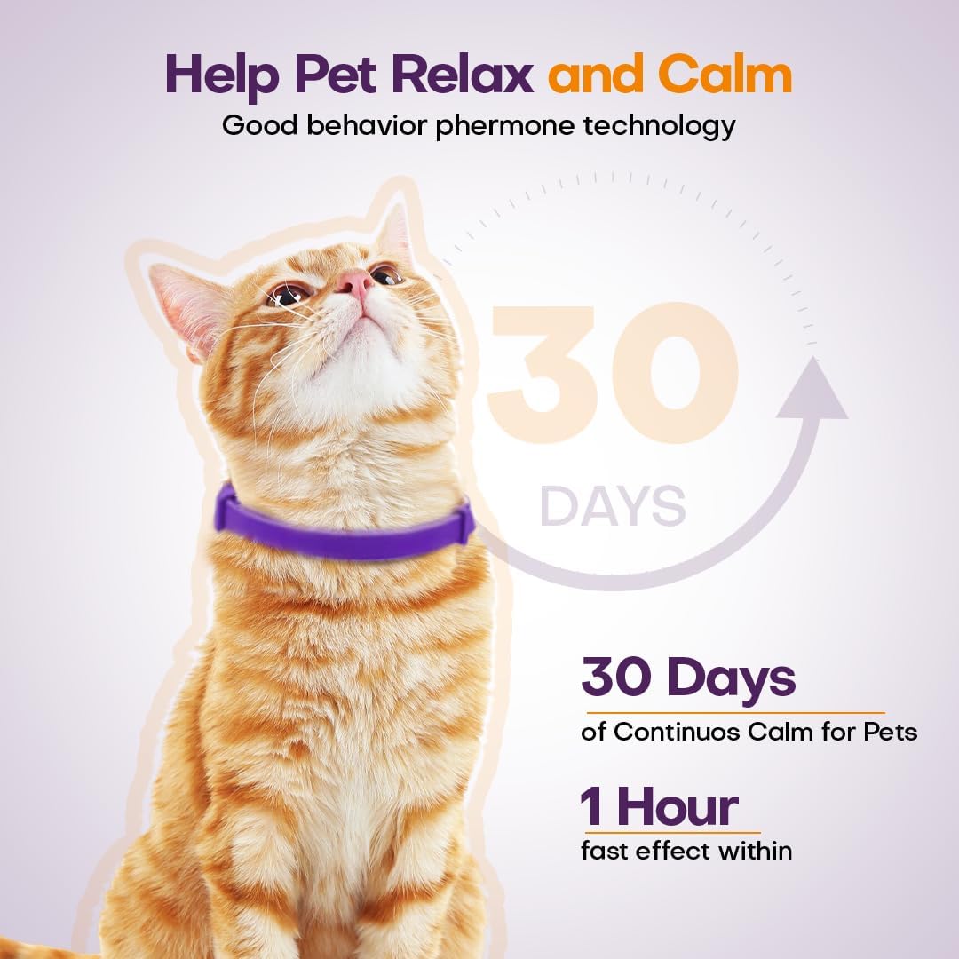Four pack of feline anxiety relief collars highlighting the thirty day durability feature.