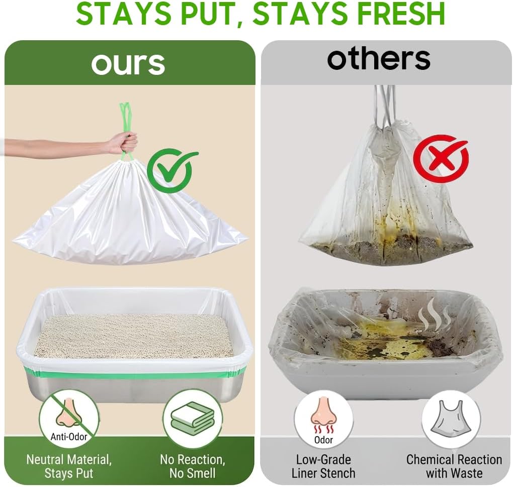 Jumbo drawstring cat litter bags stretched over a large plastic pet pan.