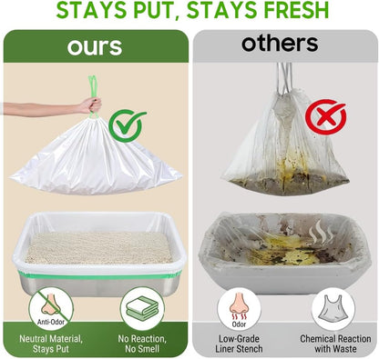 Jumbo drawstring cat litter bags stretched over a large plastic pet pan.