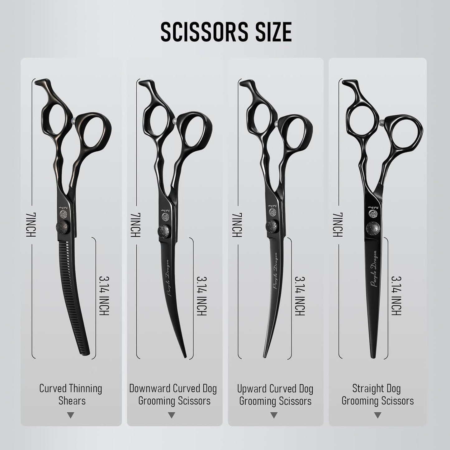 Purple Dragon 7 inch pet shears showing the manual adjustable tension screw detail.