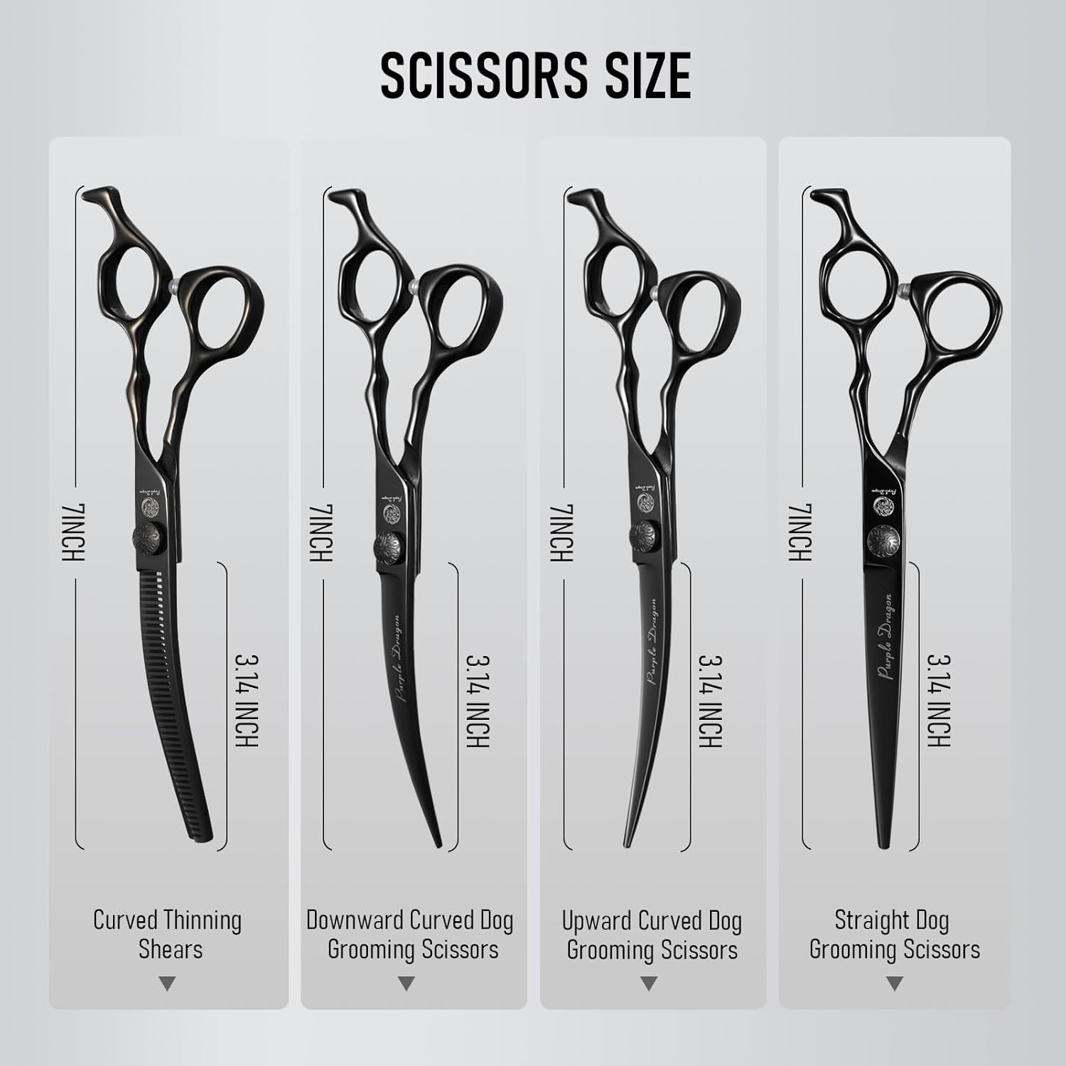 Purple Dragon 7 inch pet shears showing the manual adjustable tension screw detail.