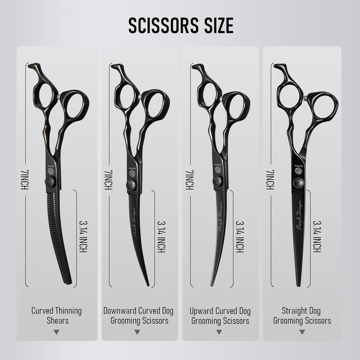 Purple Dragon 7 inch pet shears showing the manual adjustable tension screw detail.