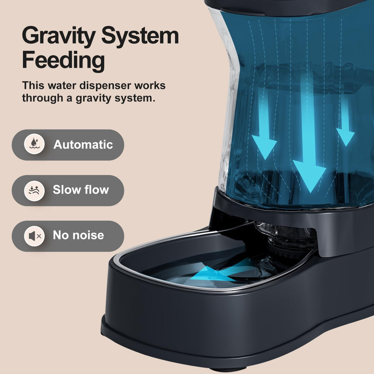 Close-up view of the hygienic 304 stainless steel drinking bowl on the Gardner Pet automatic pet feeder.