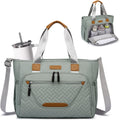 Fhelad diaper bag front view in morandi grey with leather accents
