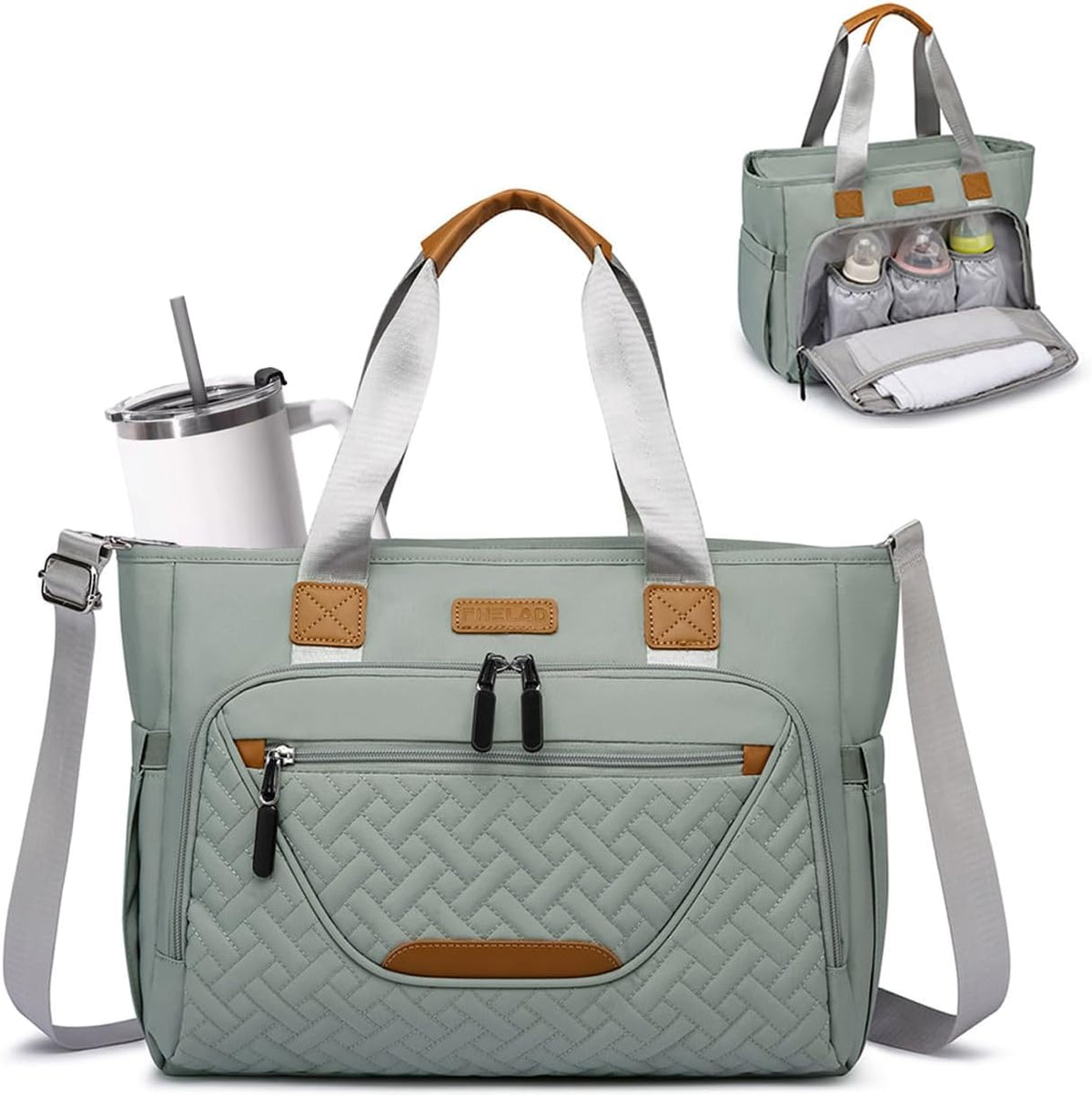 Fhelad diaper bag front view in morandi grey with leather accents