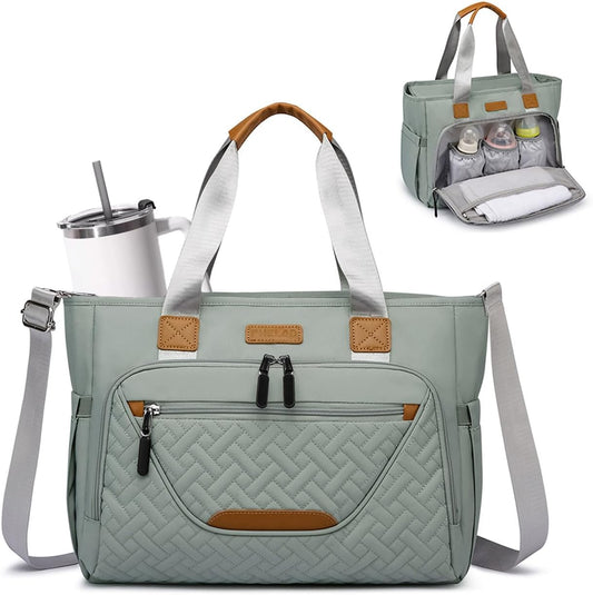 Fhelad Morandi Grey diaper bag tote front view with faux leather accents