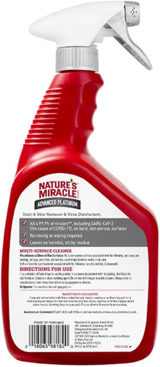 Nature's Miracle virus disinfectant spray bottle highlighting the enzymatic formula benefits.