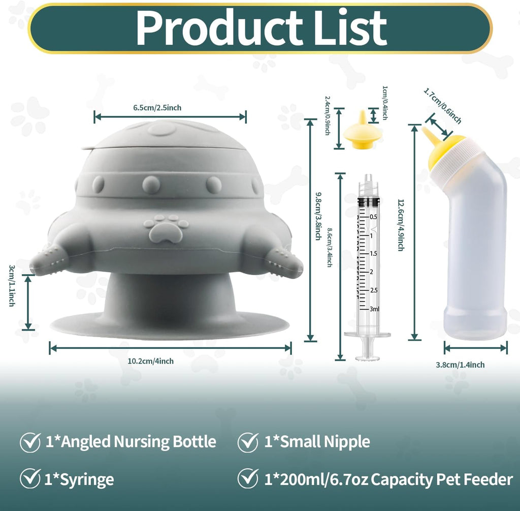 Grey silicone puppy milk feeder bottle kit with four nipple outlets