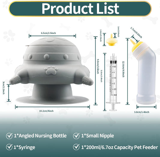 Grey silicone puppy milk feeder bottle kit with four nipple outlets