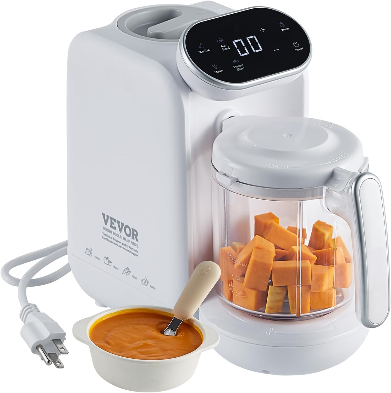 VEVOR Baby Food Maker front view showing digital touch panel and Tritan bowl.