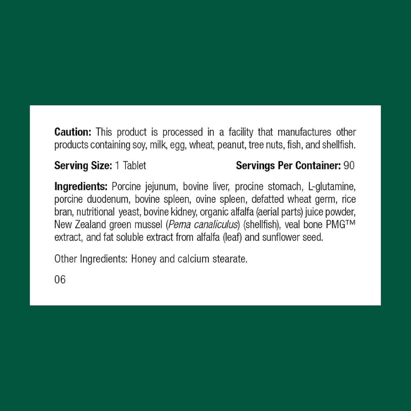 Standard Process Feline Enteric Support ingredients list and nutritional label