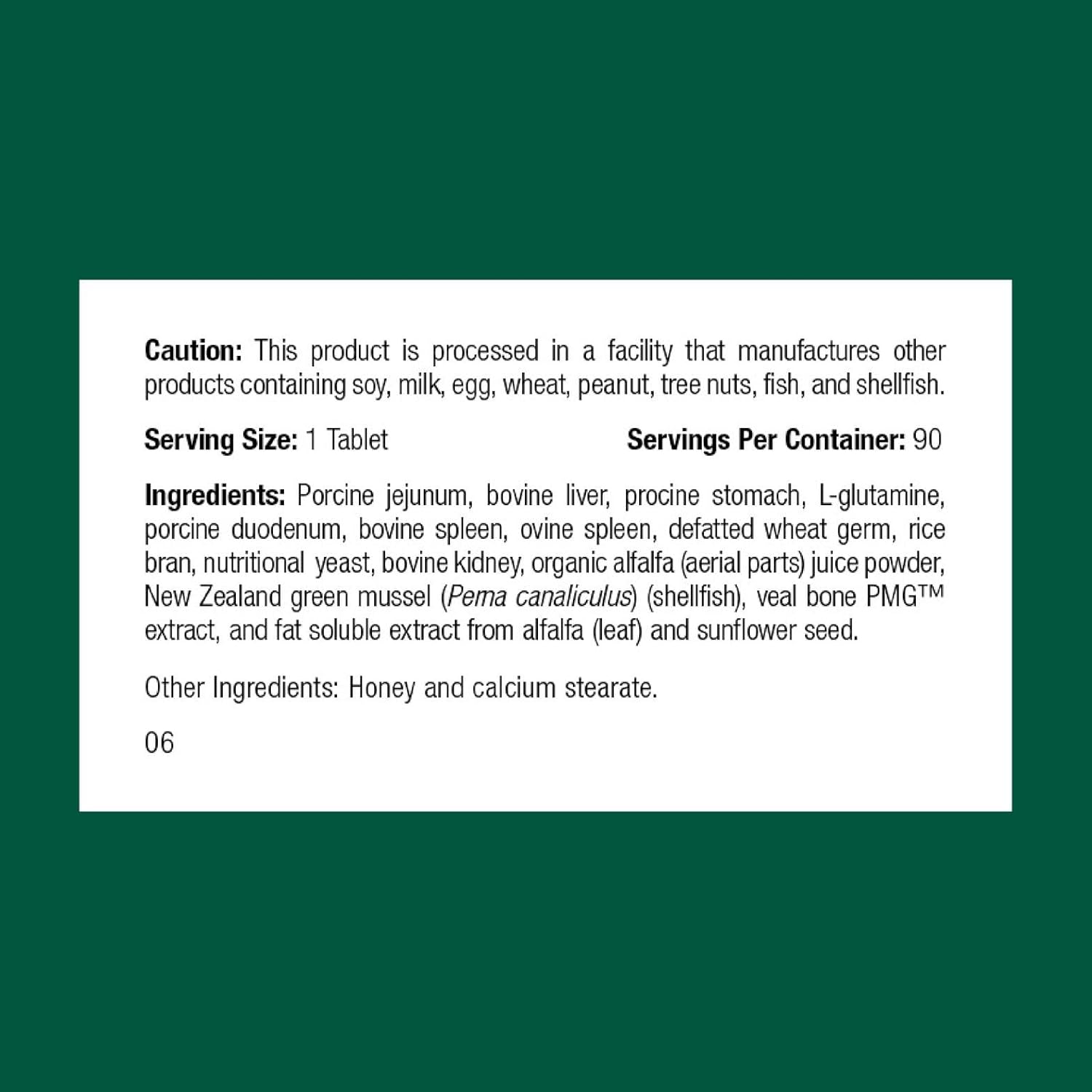 Standard Process Feline Enteric Support ingredients list and nutritional label