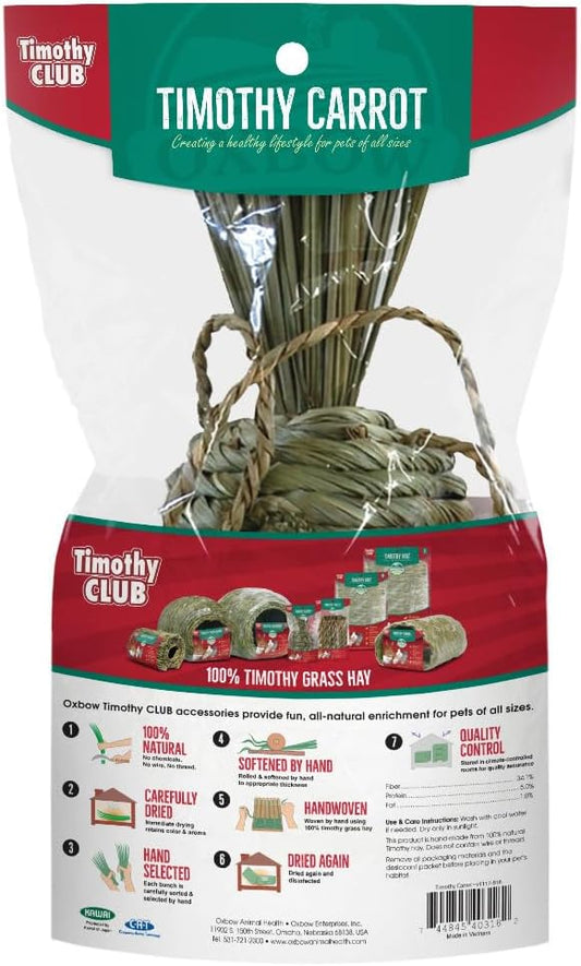 Hand-woven grass carrot chew toy for rabbits showing texture detail