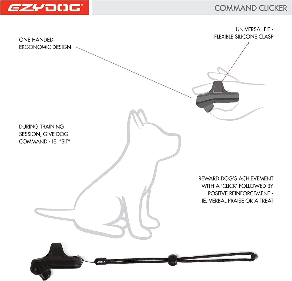 Hands free finger clicker for dogs showing the adjustable wrist strap design.