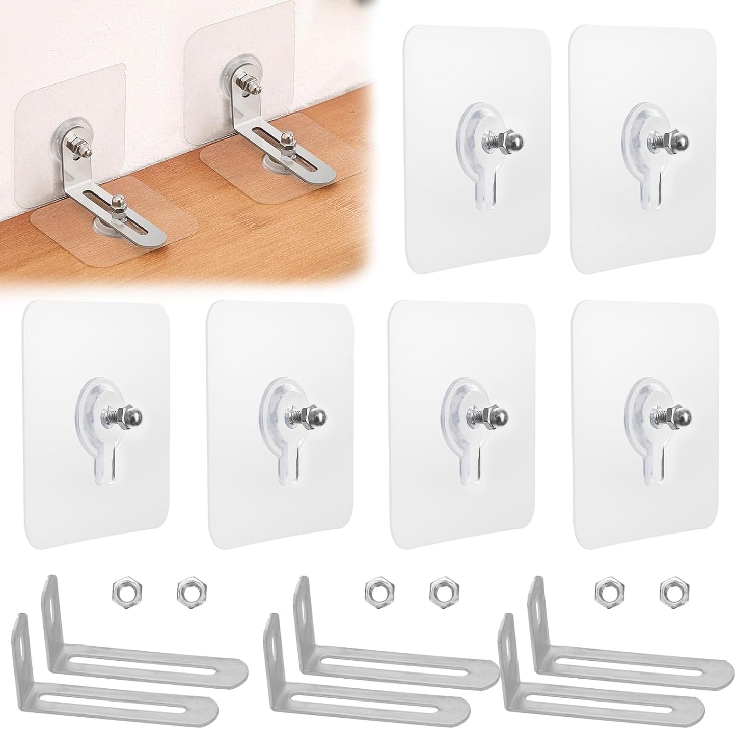 AccEncyc no drill furniture anchors front view showing adhesive pads and metal brackets for child safety
