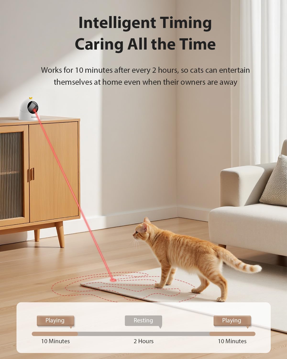 Rechargeable cat laser pointer toy with USB charging cable attached.