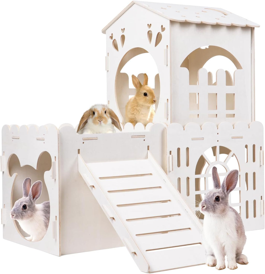 Large Rabbit House, Wooden Bunny Castle with 3 Houses Indoor, Rabbit Guinea Pig Cage Multistory Climbing Tower Sturdy Wooden Castle, Small Animal Hideaway Tunnel - Image 1