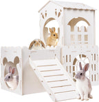 Large Rabbit House, Wooden Bunny Castle with 3 Houses Indoor, Rabbit Guinea Pig Cage Multistory Climbing Tower Sturdy Wooden Castle, Small Animal Hideaway Tunnel - Image 1