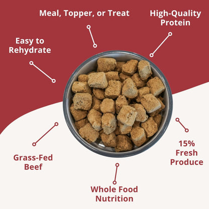 Steve's Real Food freeze-dried beef nuggets pet food bag back showing ingredient list