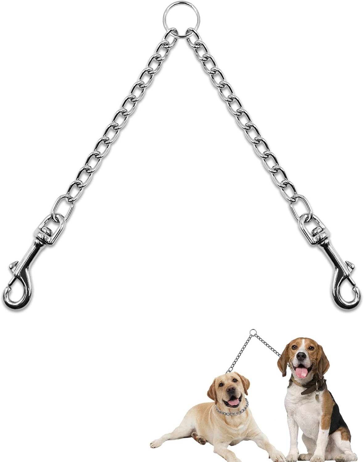 LOS ANDES metal double dog leash front view showing chrome plated alloy chains