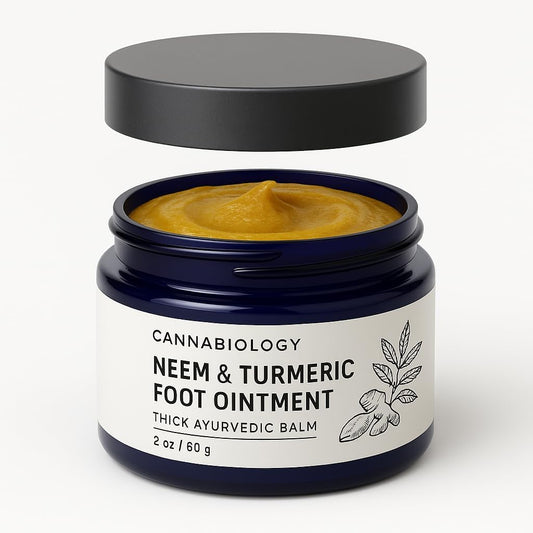 Cannabiology Est. 2016 Neem and Turmeric Foot Ointment front view jar