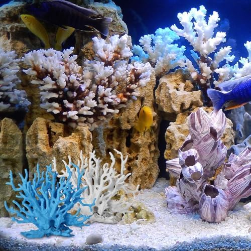 TkoYuHm blue and white synthetic coral landscaping accessories standing in gravel substrate