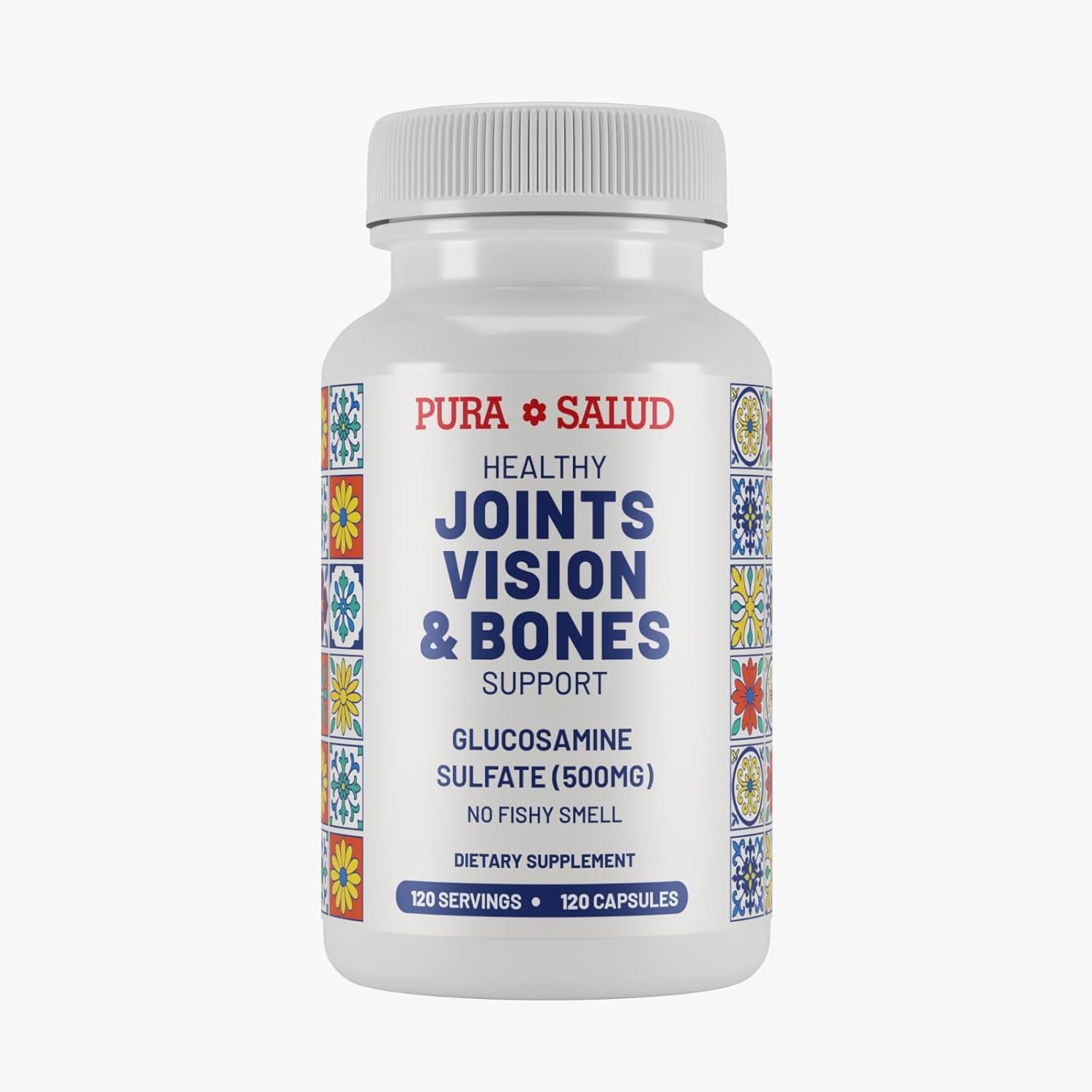 Basic Brands Pura Salud Glucosamine Sulfate 120 Capsules bottle front view for joint support.