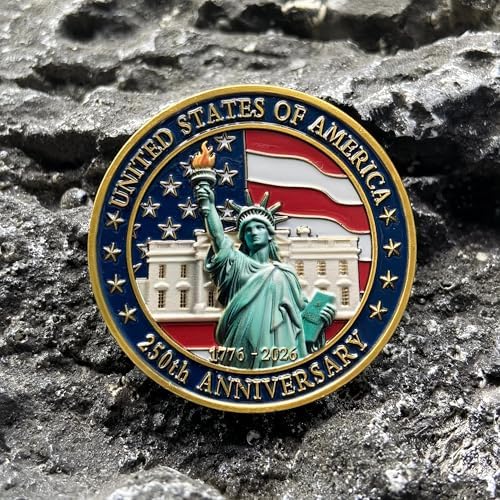 American independence anniversary collectible coin displayed inside its transparent protective acrylic capsule.