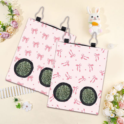 2Pcs 2 Styles Small Pet Hanging Hay Bag Pink Hay Feeder Bag with 2 Holes Bowknot Pattern Cloth Washable Rectangle Feeding Storage for Rabbit Chinchillas Hamsters Guinea Pigs 12 x 9 Inch - Image 3