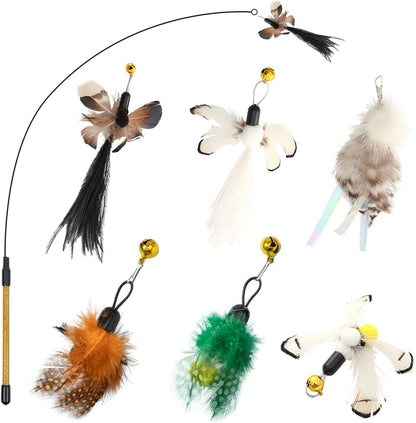 Cat Insect Feather Toys Replacement Cat Toy Wand Refills, 6 Pieces Natural Insect Cat Toy Feathers Refill, Interactive Cat Teaser Wand Attachments, with Bell - Image 10
