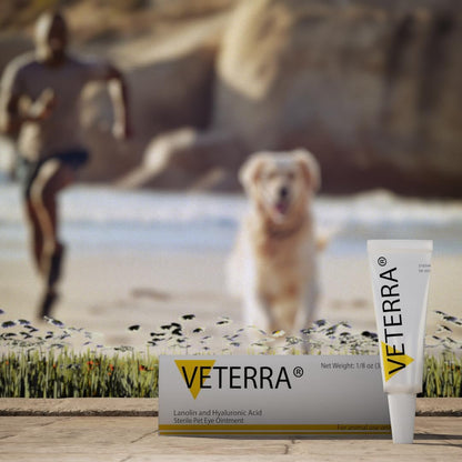 Side view of Veterra pet eye health ointment packaging for all animals.