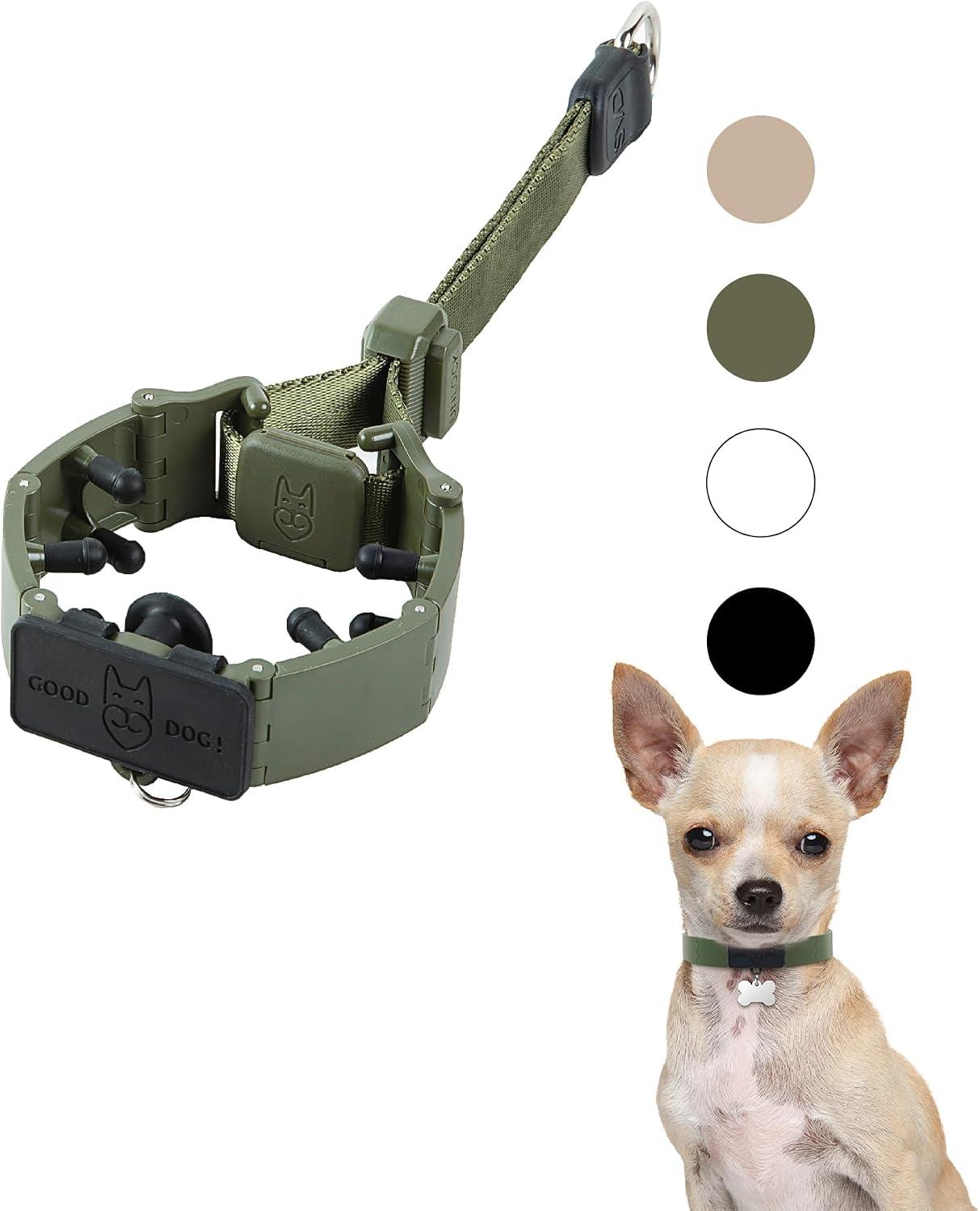 Responsive mechanism no pull dog collar for seven to ten inch necks.
