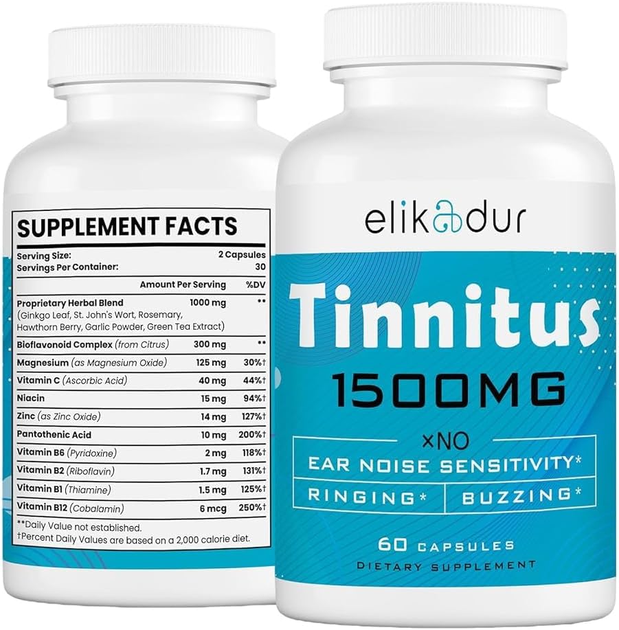 Elikadur Tinnitus Relief 1500 mg front view bottle for ear ringing treatment