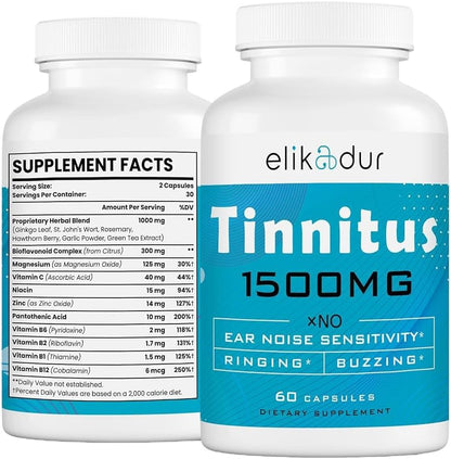 Elikadur Tinnitus Relief 1500 mg front view bottle for ear ringing treatment