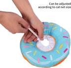 Lightweight cotton cat recovery cone protecting feline surgical wounds from licking.