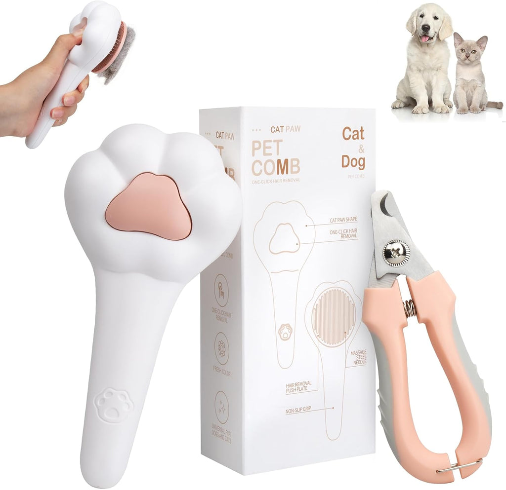 BSONEDO self cleaning cat brush and nail clipper set front view showcasing the pink cat paw design