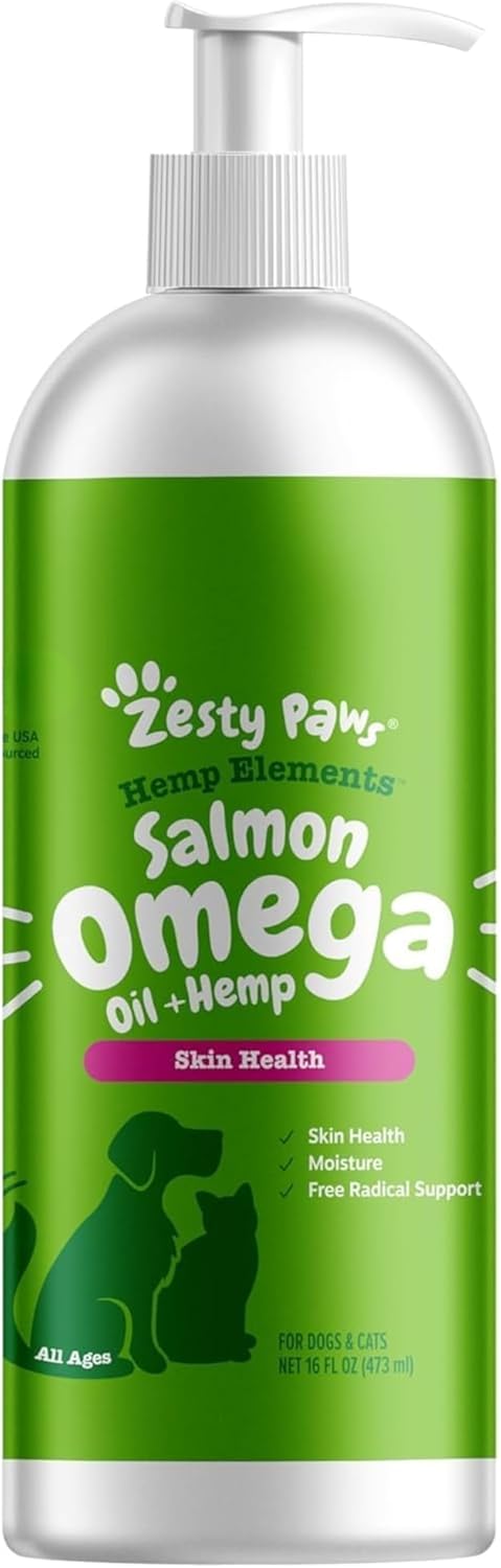 Zesty Paws Pollock and Salmon Oil blend showing weight based dosage instructions