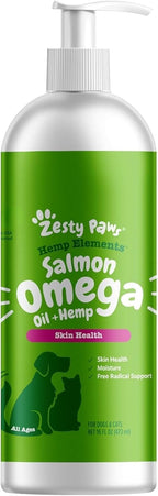 Zesty Paws Pollock and Salmon Oil blend showing weight based dosage instructions