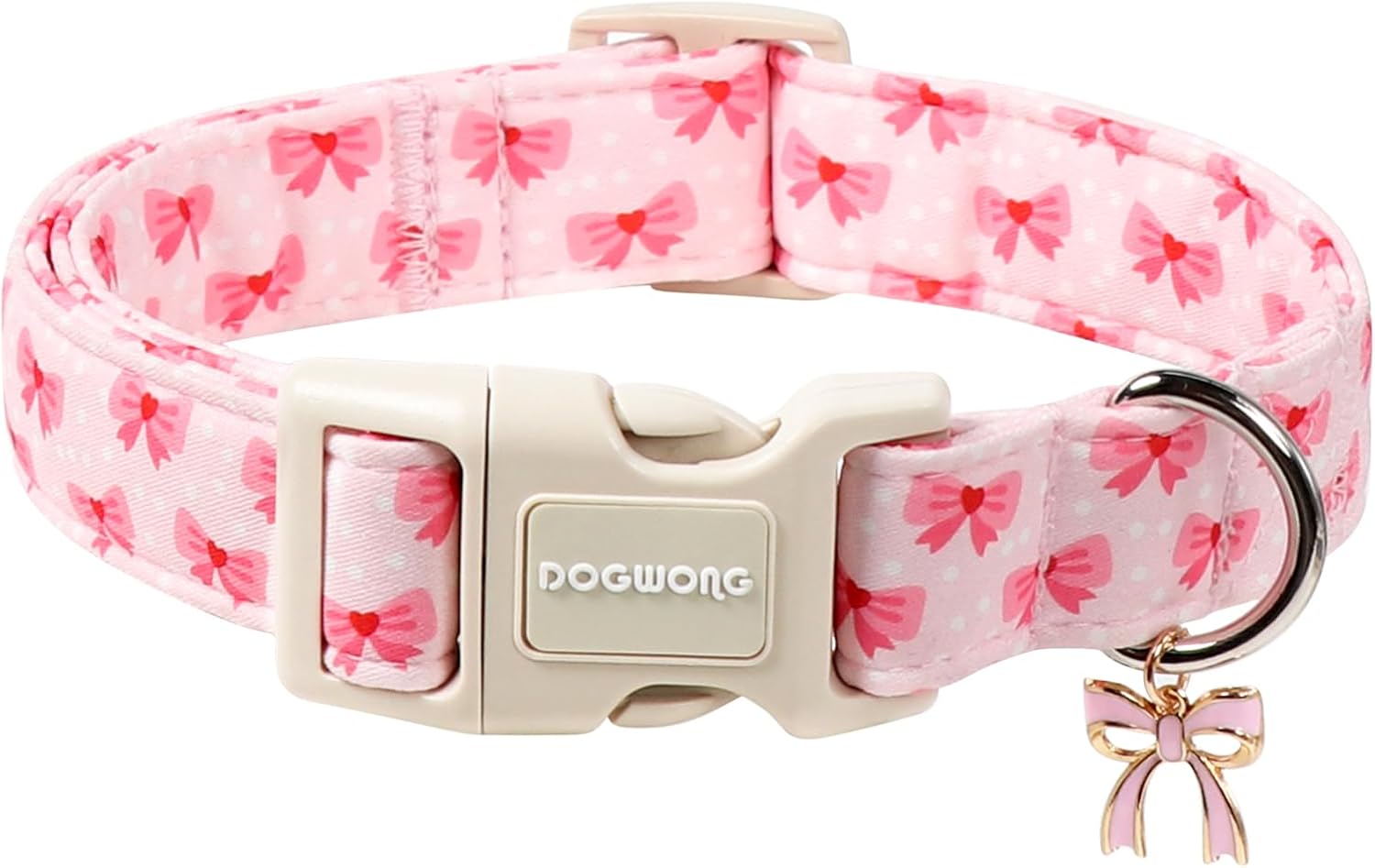 Dogwong pink bowtie printed dog collar front view on a small dog.
