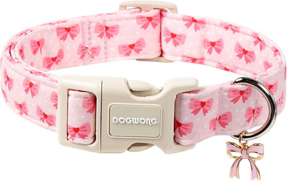 Dogwong pink bowtie printed dog collar front view on a small dog.