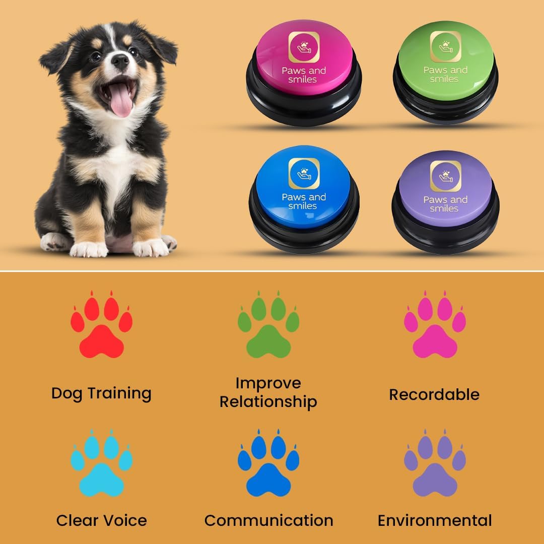 Different angles of the durable pet safe plastic communication buttons in multiple vibrant colors