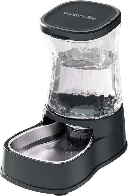 Gardner Pet automatic dog water dispenser front view showcasing the stainless steel bowl and dark grey base.