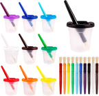 Kifmurase 30 piece spill proof paint cups with brushes front view highlighting color coded lids for toddler arts and crafts