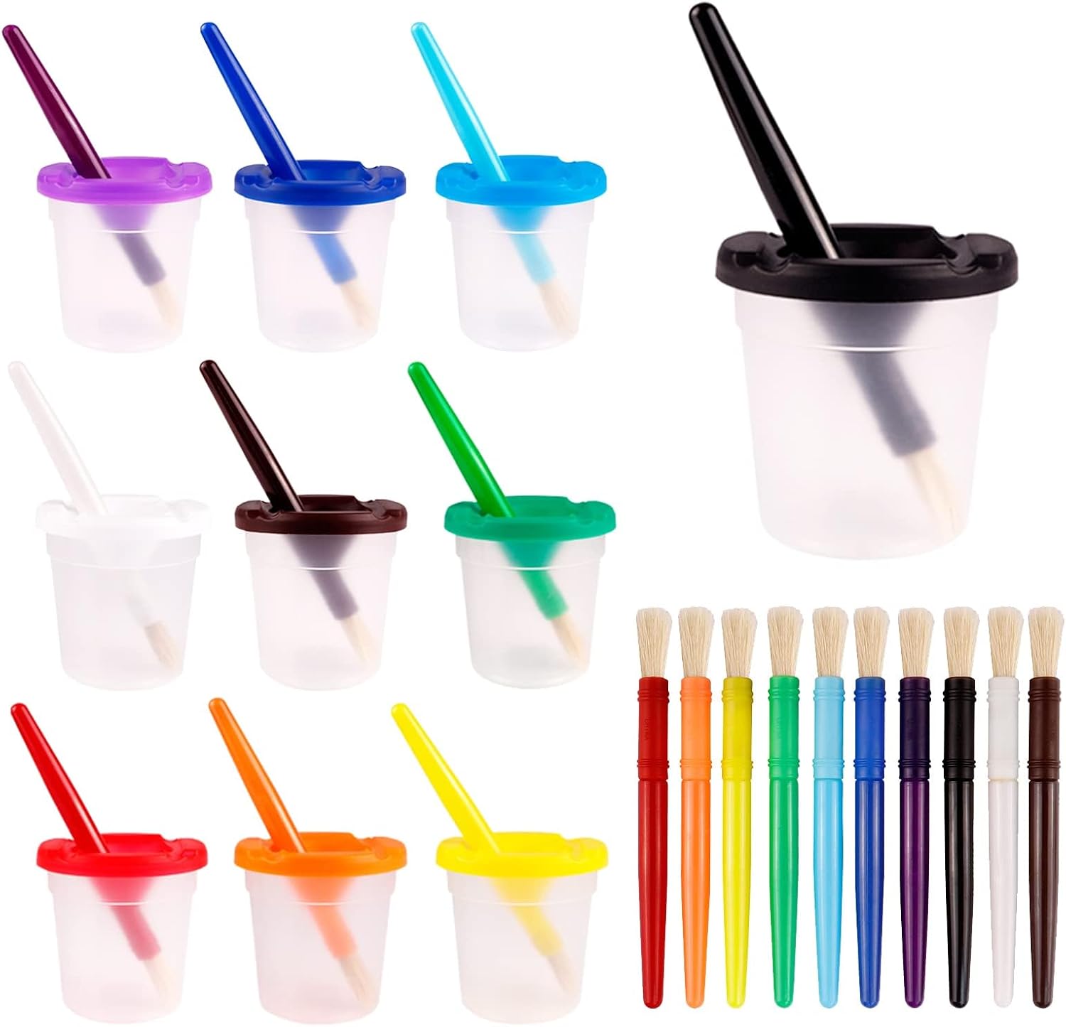 Kifmurase 30 piece spill proof paint cups with brushes front view highlighting color coded lids for toddler arts and crafts