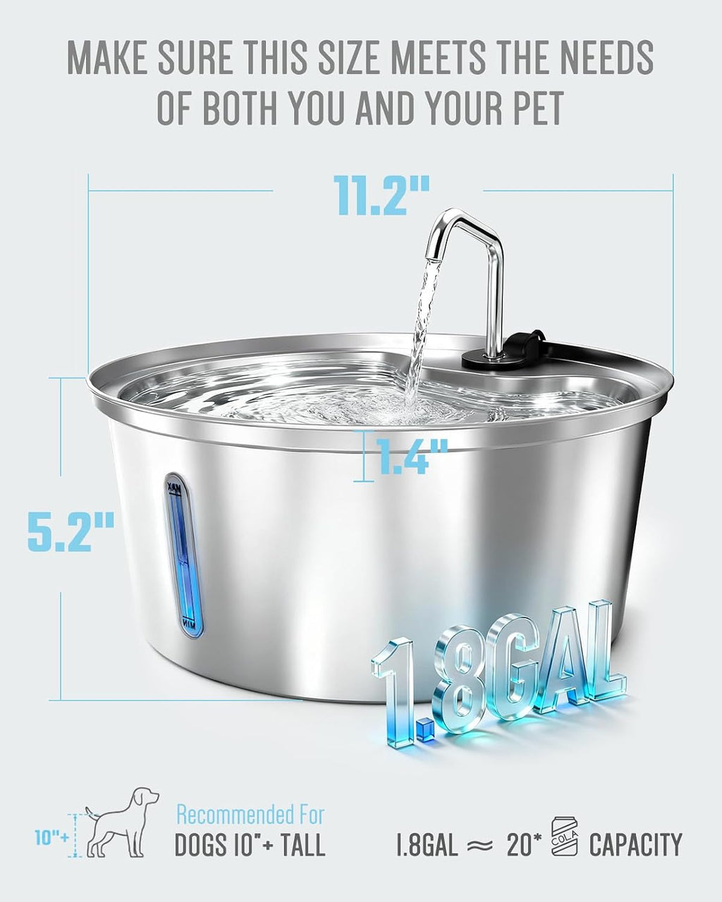 Dog Water Fountain Stainless Steel, 7L/1.8Gal Pet Fountain Water Bowl with Multi-Filtration & Deeper Drinking Aera, Large cat Water Fountain with Water Window & LED, Ultra-Quiet - Image 4