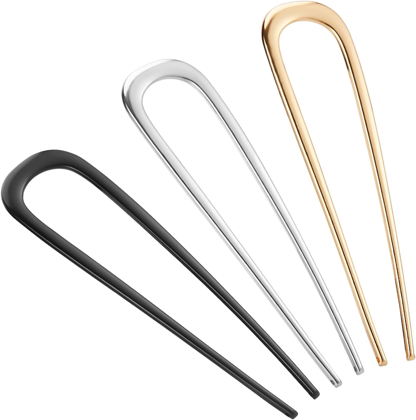 BEoffer French hair pin front view displaying gold, black, and silver U-shaped metal hair sticks.