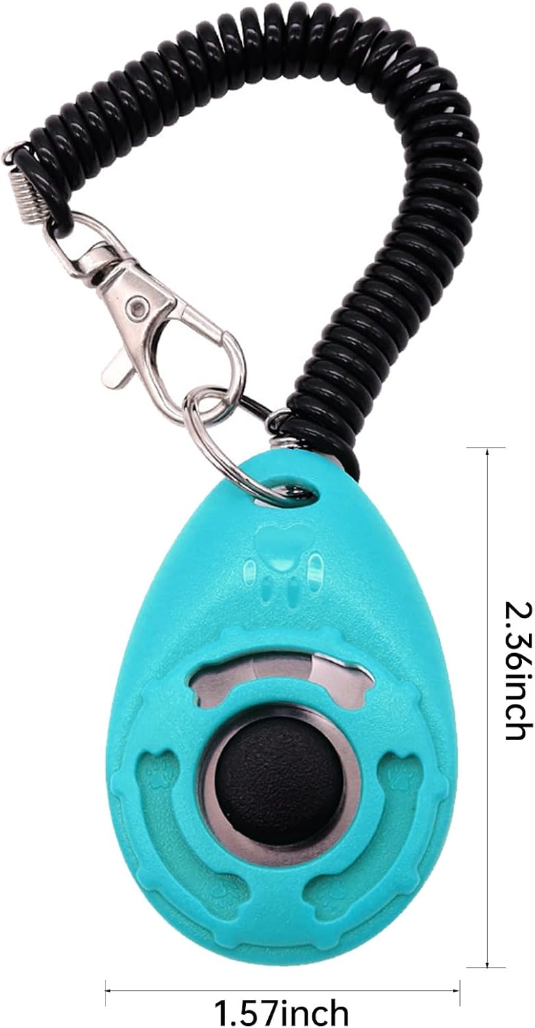 Dog training clicker with elastic wrist strap attached to a trainer's wrist